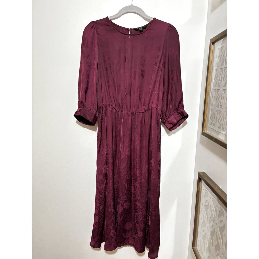 Banana Republic Petite M Burgundy Floral Jacquard Midi Dress Puff Sleeve Elegant